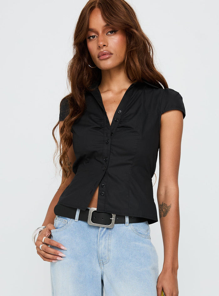side view of model wearing Princess Polly Arianwyn Short Sleeve Shirt Black Short Sleeves V-Neck