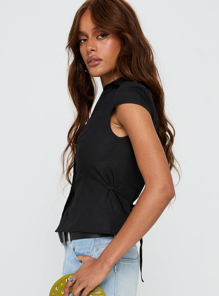 side view of model wearing Princess Polly Arianwyn Short Sleeve Shirt Black Short Sleeves V-Neck
