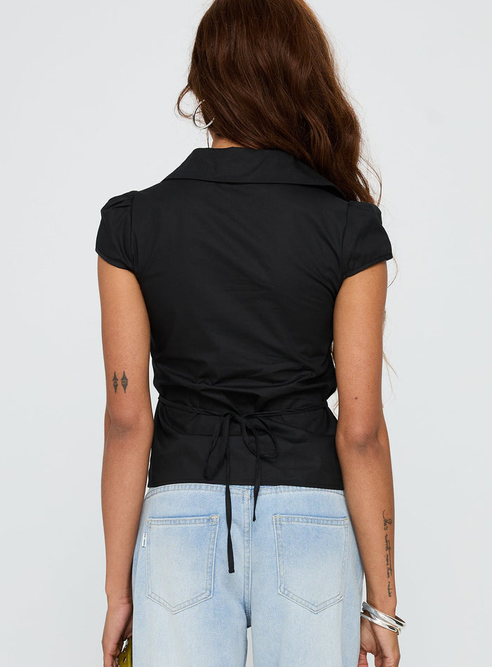 back view of model wearing Princess Polly Arianwyn Short Sleeve Shirt Black Short Sleeves V-Neck