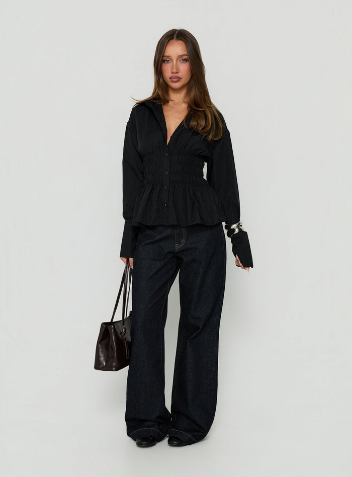 As You Are Shirred Button Up Top Black