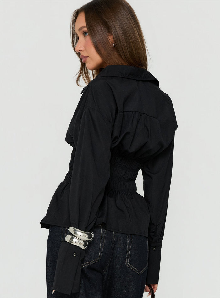 As You Are Shirred Button Up Top Black