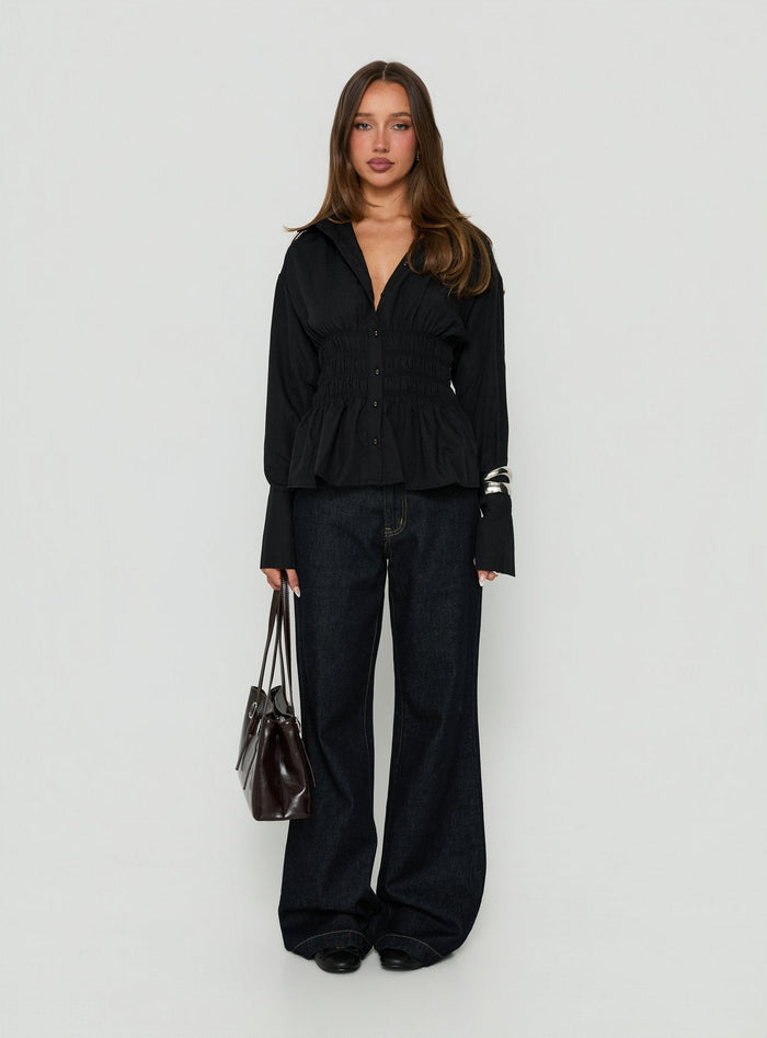 As You Are Shirred Button Up Top Black