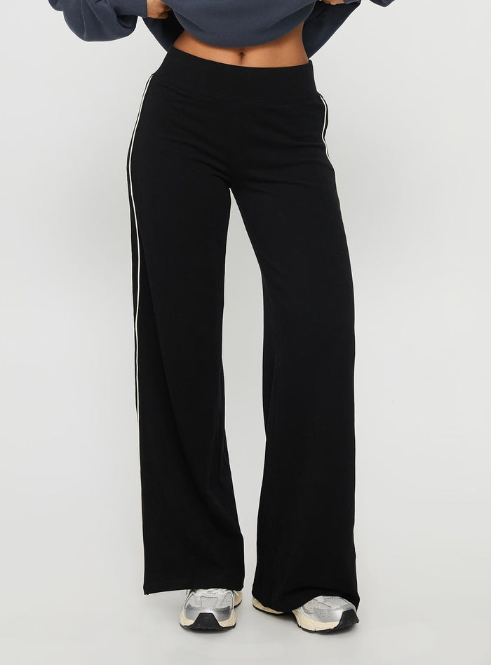 back view of model wearing Princess Polly Ascenda Straight Leg Track Pant Black High Waisted Pants