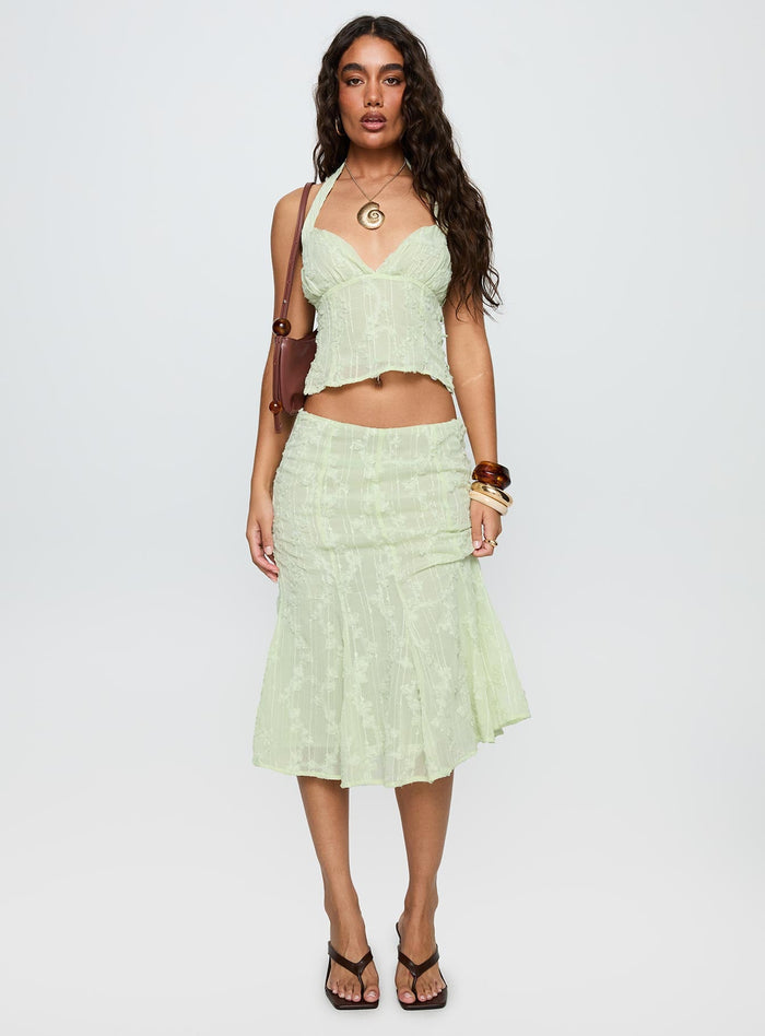 front view of model wearing Princess Polly Aspyn Embroidered Midi Skirt Sage Green Midi Skirts