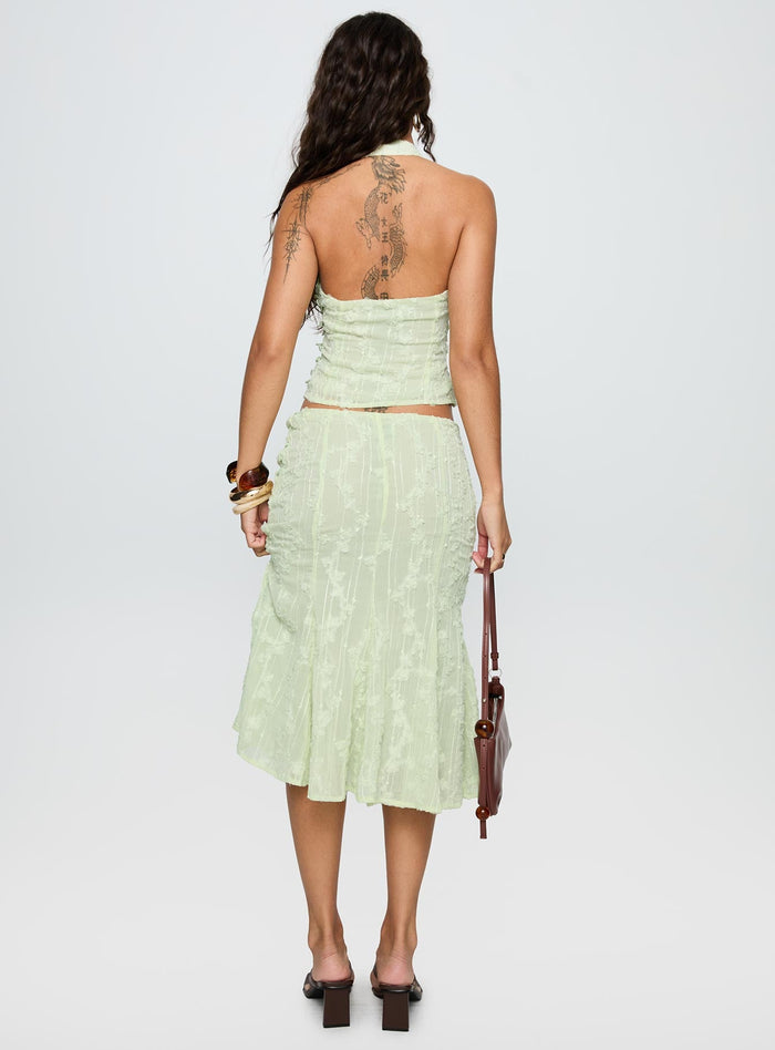 back view of model wearing Princess Polly Aspyn Embroidered Midi Skirt Sage Green Midi Skirts