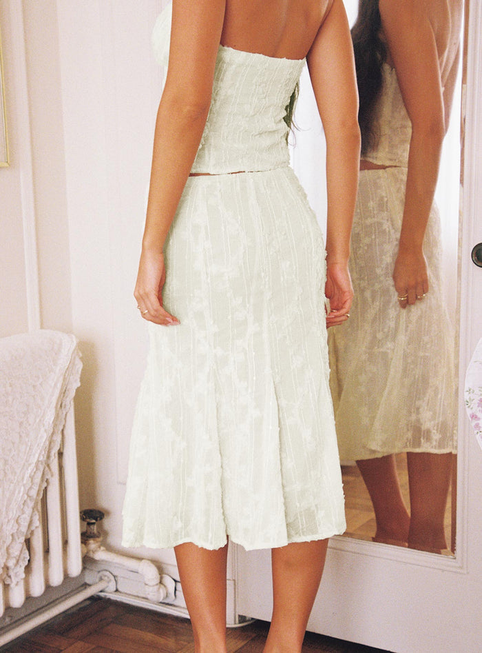 back view of model wearing Princess Polly Aspyn Embroidered Midi Skirt Yellow Midi Skirts