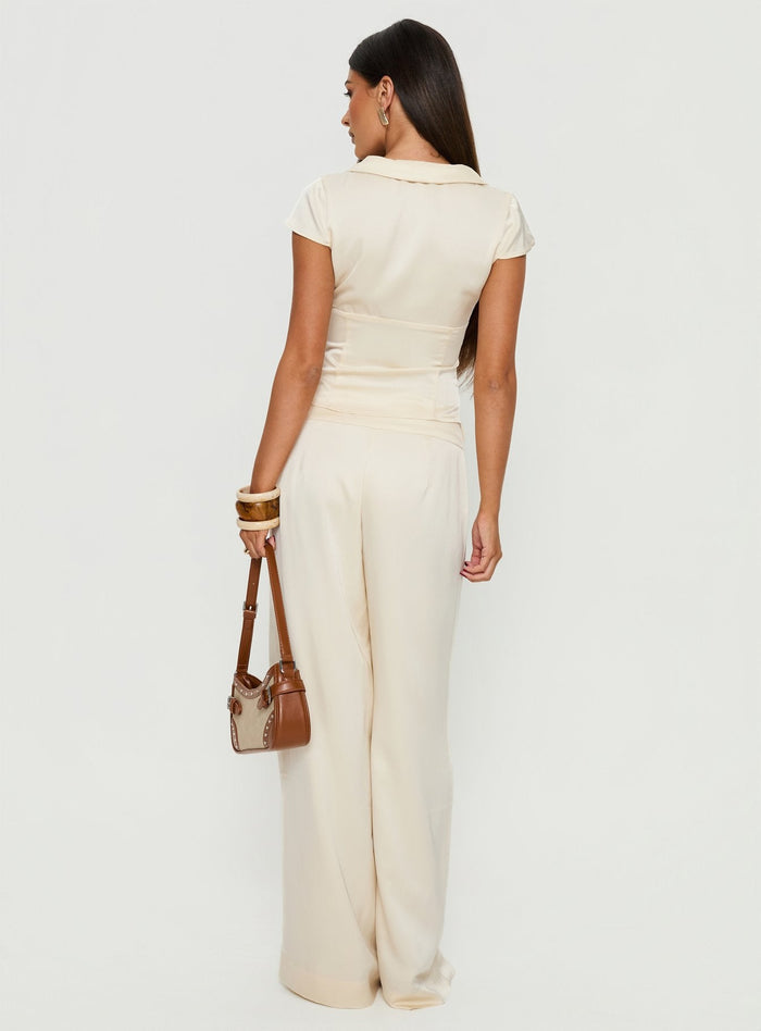back view of model wearing Princess Polly Aubrette Satin Tie Pants Cream High Rise Pants