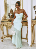 front view of model wearing Princess Polly Aurellia Splice Maxi Dress Ice Blue Sweetheart Neckline