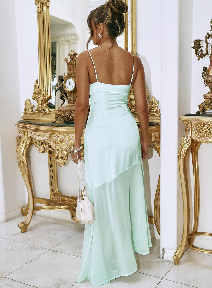 back view of model wearing Princess Polly Aurellia Splice Maxi Dress Ice Blue Sweetheart Neckline