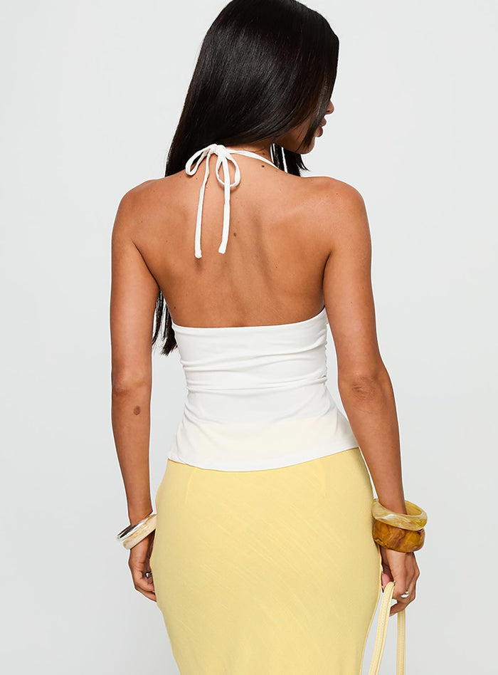 back view of model wearing Princess Polly Averee Halter Top White Sleeveless Plunger