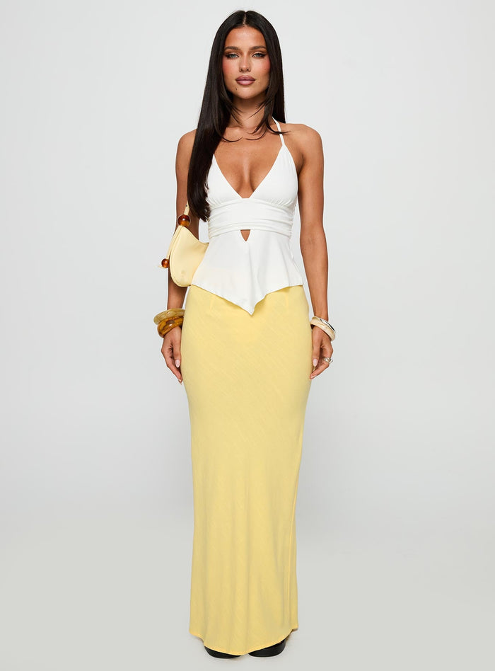 front view of model wearing Princess Polly Averee Halter Top White Sleeveless Plunger