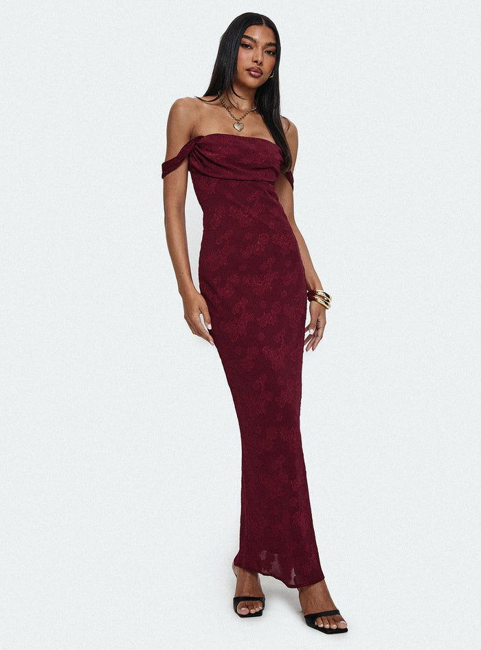 front view of model wearing Princess Polly Azura Off The Shoulder Maxi Dress Burgundy Straight Neck