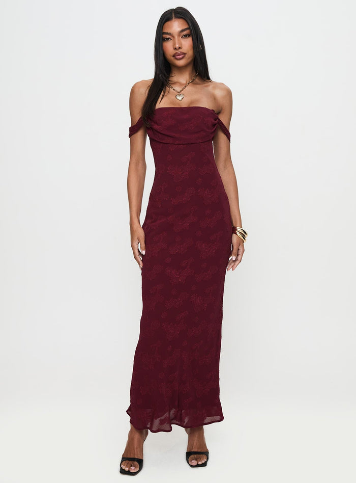 front view of model wearing Princess Polly Azura Off The Shoulder Maxi Dress Burgundy Straight Neck