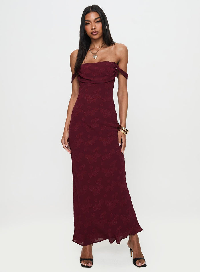 front view of model wearing Princess Polly Azura Off The Shoulder Maxi Dress Burgundy Straight Neck