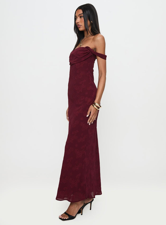 side view of model wearing Princess Polly Azura Off The Shoulder Maxi Dress Burgundy Straight Neck