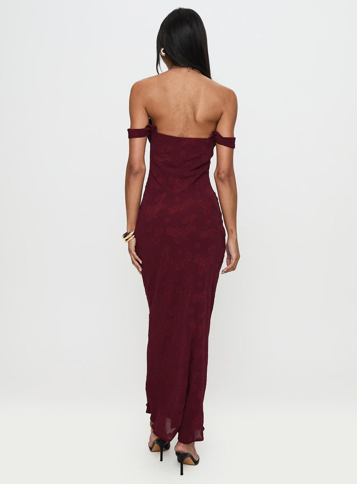 back view of model wearing Princess Polly Azura Off The Shoulder Maxi Dress Burgundy Straight Neck