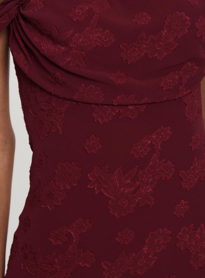back view of model wearing Princess Polly Azura Off The Shoulder Maxi Dress Burgundy Straight Neck