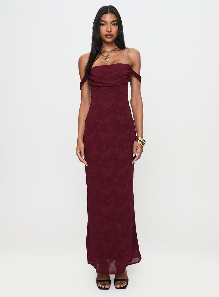 front view of model wearing Princess Polly Azura Off The Shoulder Maxi Dress Burgundy Straight Neck