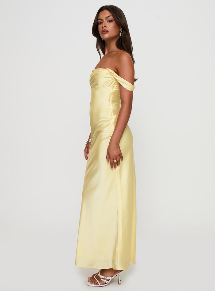side view of model wearing Princess Polly Azura Off The Shoulder Maxi Dress Yellow Straight Neck