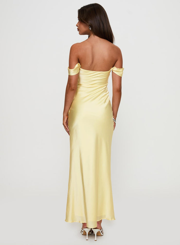 back view of model wearing Princess Polly Azura Off The Shoulder Maxi Dress Yellow Straight Neck