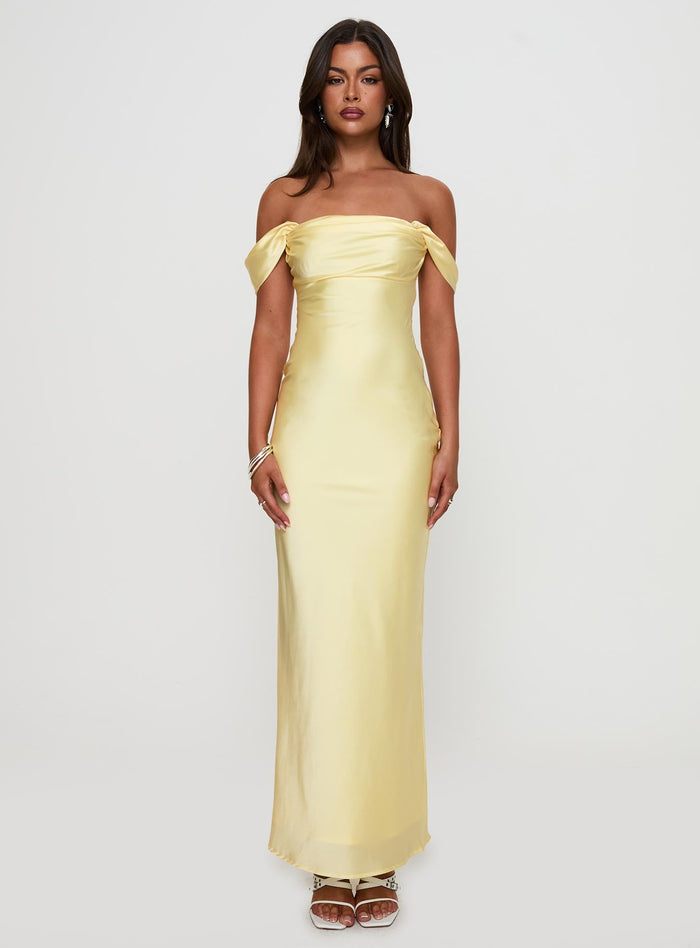 front view of model wearing Princess Polly Azura Off The Shoulder Maxi Dress Yellow Straight Neck