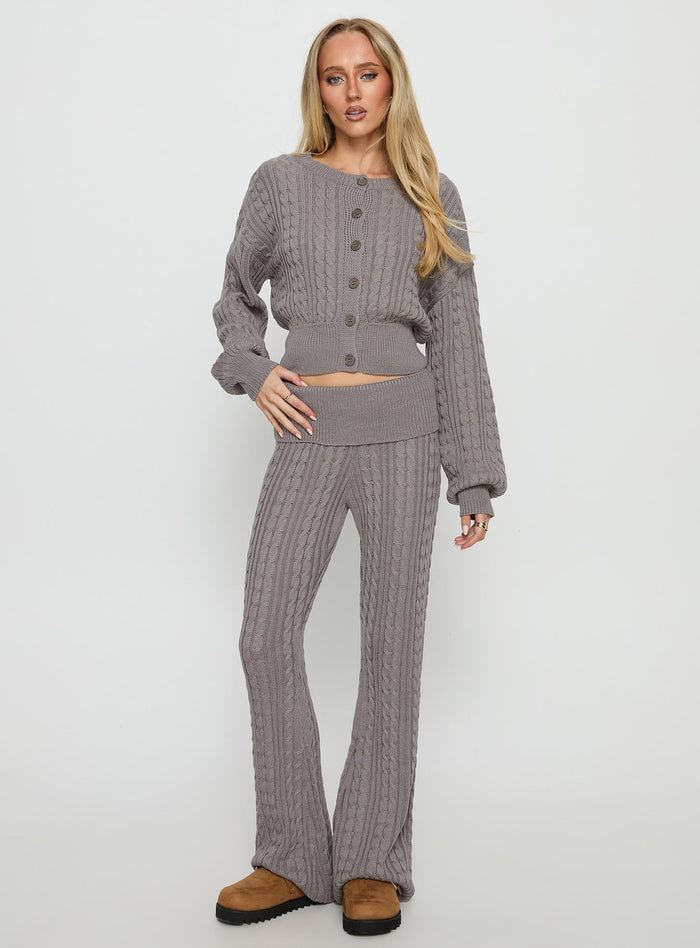 front view of model wearing Princess Polly Baleigh Cable Knit Foldover Pants Grey Mid Rise Pants