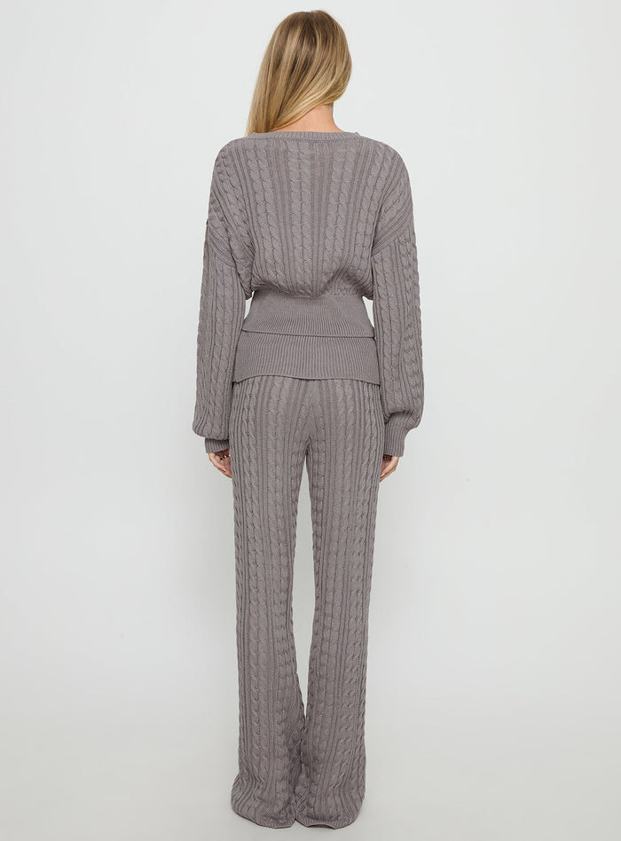 back view of model wearing Princess Polly Baleigh Cable Knit Foldover Pants Grey Mid Rise Pants