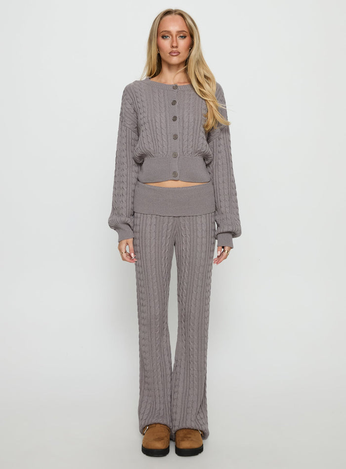 side view of model wearing Princess Polly Baleigh Cable Knit Foldover Pants Grey Mid Rise Pants