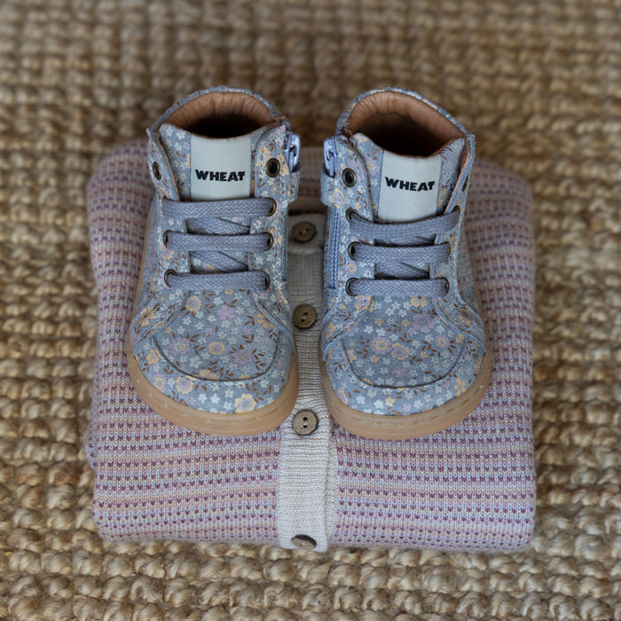 Wheat Footwear Barefoot Prewalker Malia Prewalker 9765 slightly blue flowers