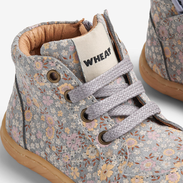 Wheat Footwear Barefoot Prewalker Malia Prewalker 9765 slightly blue flowers