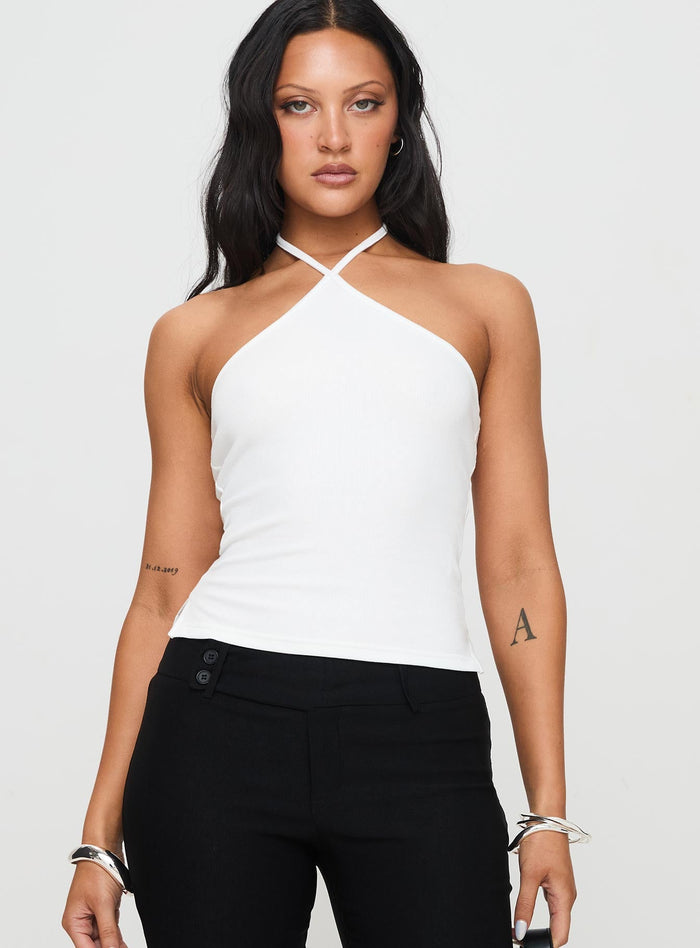 front view of model wearing Princess Polly Baseline Halter Rib Top White Sleeveless