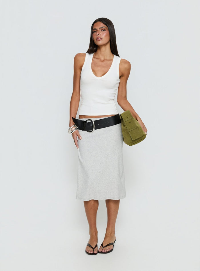 front view of model wearing Princess Polly Baseline Rib Midi Skirt Grey Marle Midi Skirts