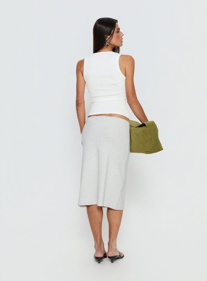 back view of model wearing Princess Polly Baseline Rib Midi Skirt Grey Marle Midi Skirts