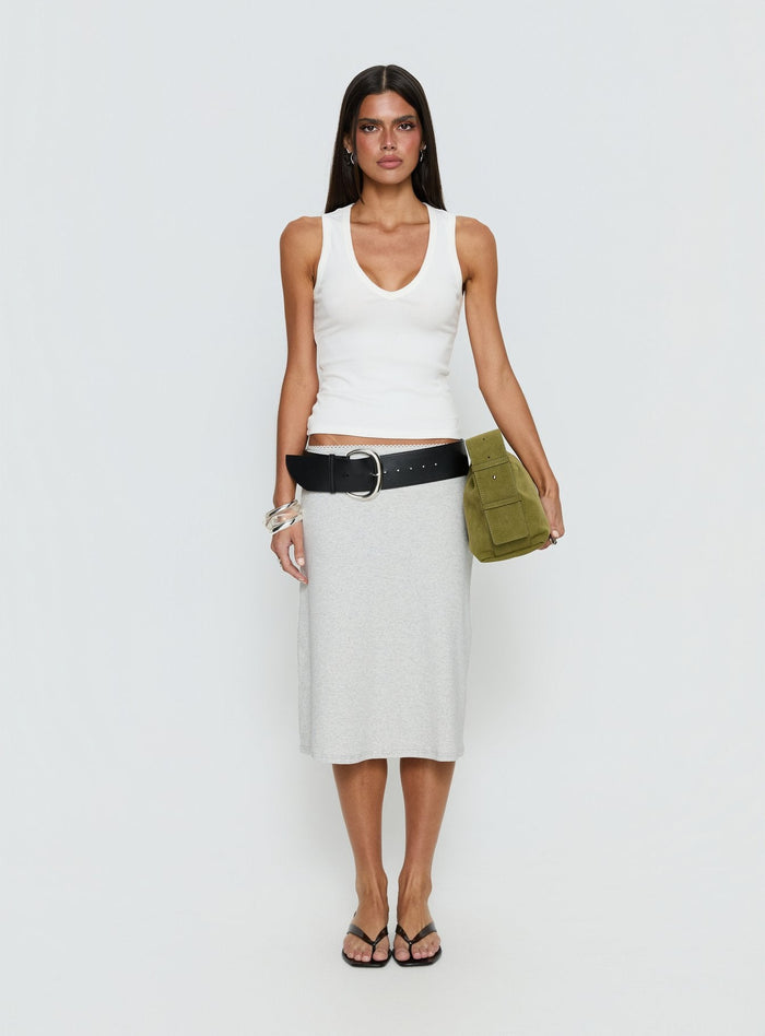 front view of model wearing Princess Polly Baseline Rib Midi Skirt Grey Marle Midi Skirts