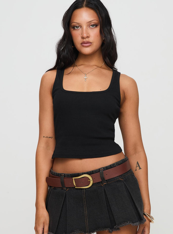 front view of model wearing Princess Polly Baseline Square Neck Rib Tank Top Black Sleeveless Square Neck