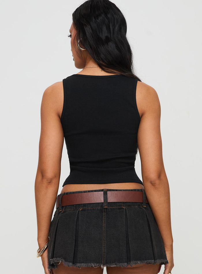back view of model wearing Princess Polly Baseline Square Neck Rib Tank Top Black Sleeveless Square Neck
