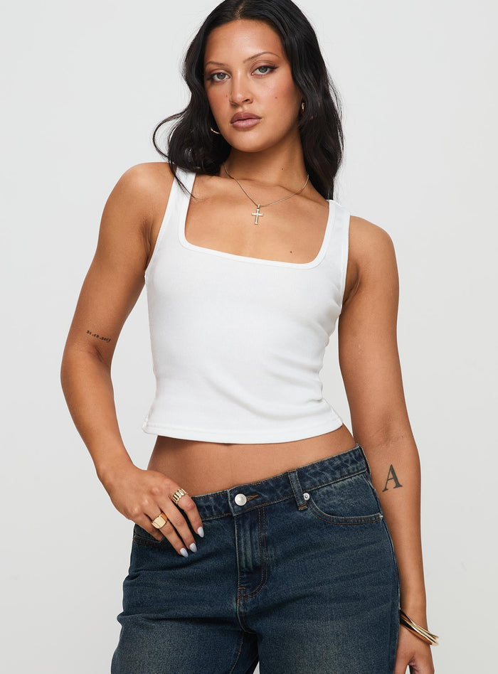front view of model wearing Princess Polly Baseline Square Neck Rib Tank Top White Sleeveless Square Neck