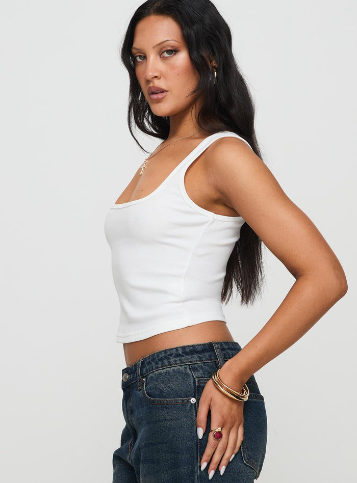 side view of model wearing Princess Polly Baseline Square Neck Rib Tank Top White Sleeveless Square Neck