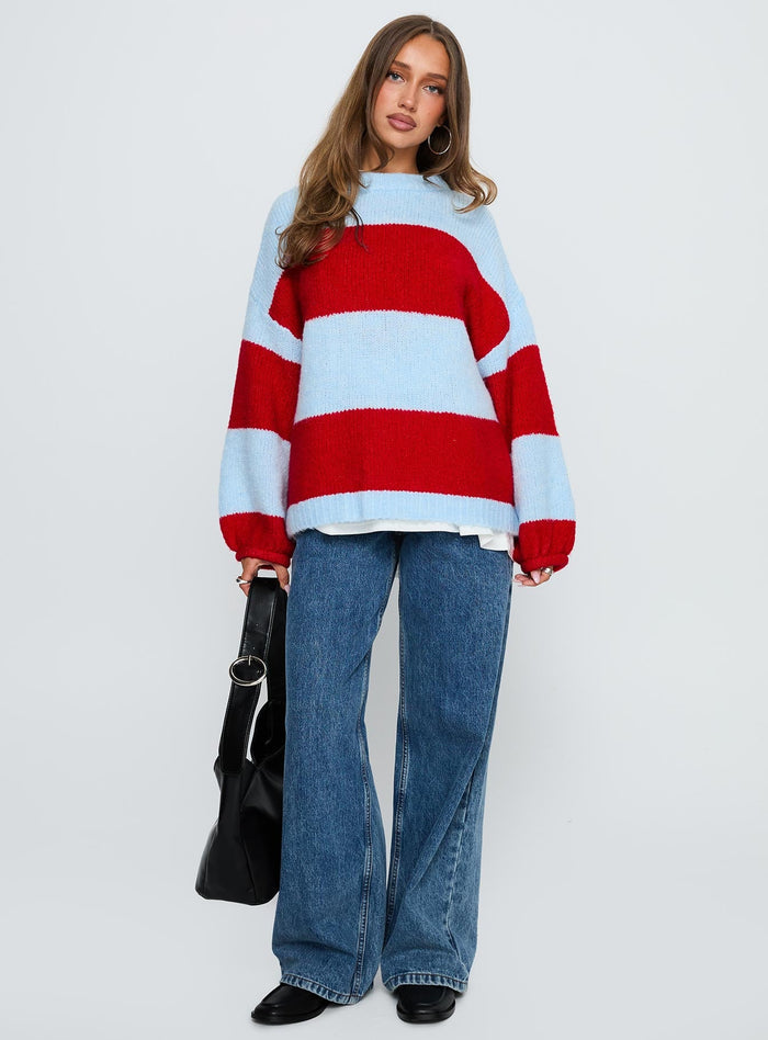 front view of model wearing Princess Polly Bastien Crew Neck Knit Sweater Blue / Red
