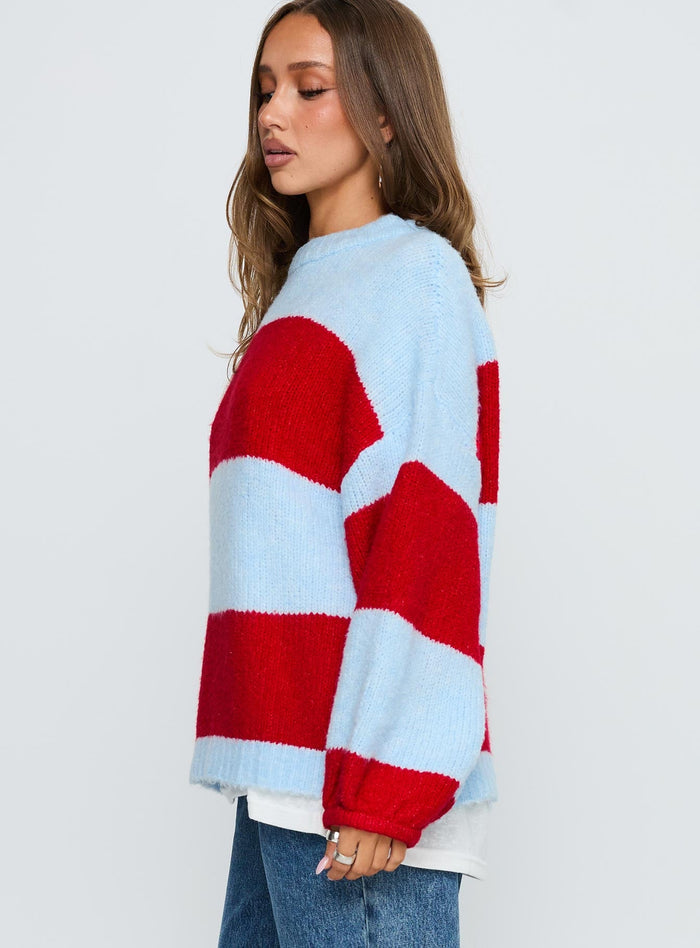 side view of model wearing Princess Polly Bastien Crew Neck Knit Sweater Blue / Red