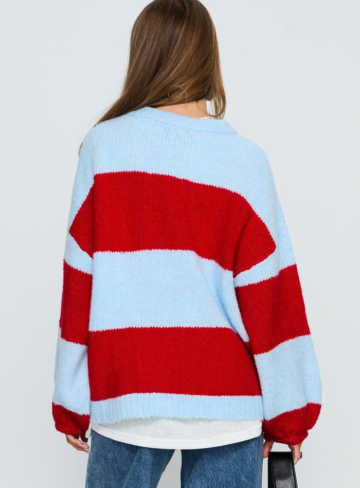 back view of model wearing Princess Polly Bastien Crew Neck Knit Sweater Blue / Red