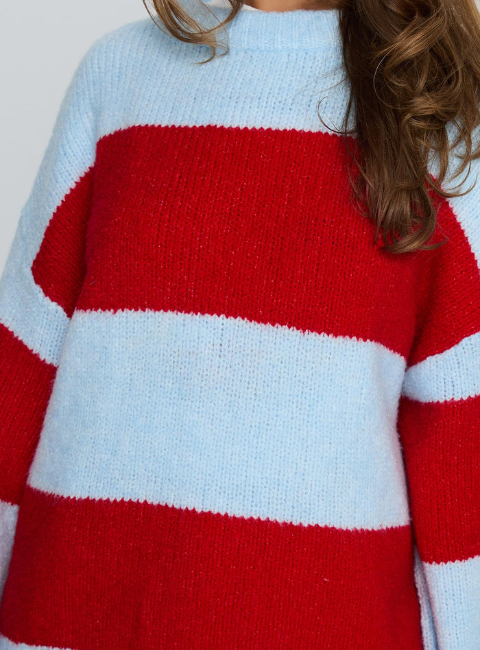 back view of model wearing Princess Polly Bastien Crew Neck Knit Sweater Blue / Red