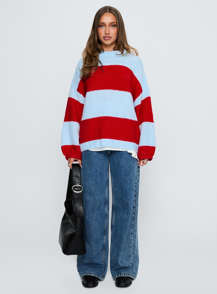 front view of model wearing Princess Polly Bastien Crew Neck Knit Sweater Blue / Red