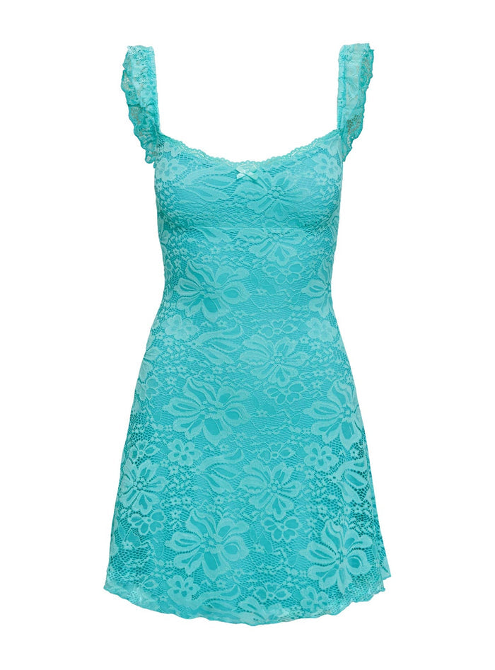 side view of model wearing Princess Polly Beacall Mini Dress Aqua Scoop Neck