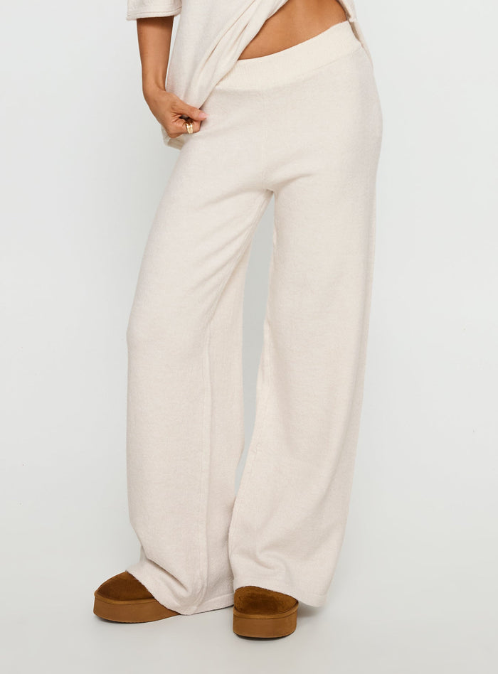 side view of model wearing Princess Polly Bekki Wide Leg Knit Pant Oat High Rise Pants