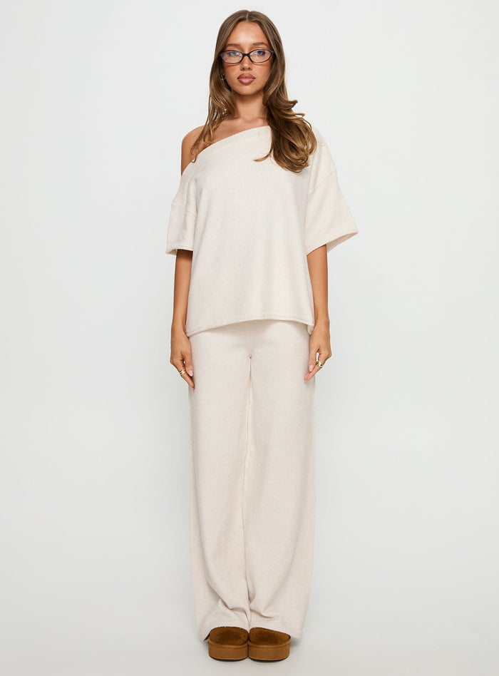 front view of model wearing Princess Polly Bekki Wide Leg Knit Pant Oat High Rise Pants