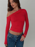 front view of model wearing Princess Polly Beller Long Sleeve Top Red Full Sleeves Asymmetric Neckline
