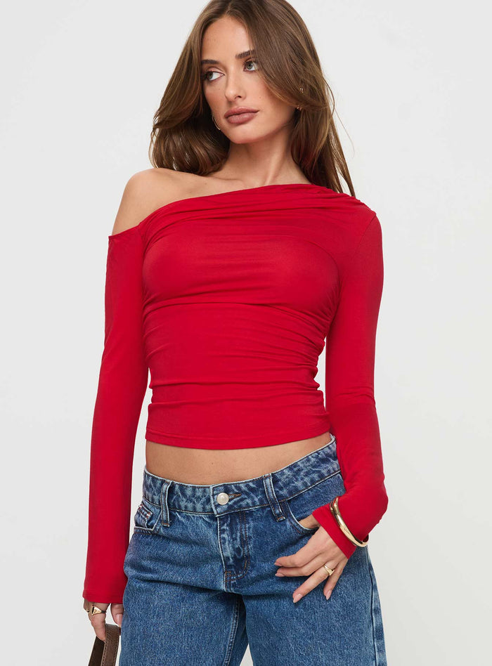 front view of model wearing Princess Polly Beller Long Sleeve Top Red Full Sleeves Asymmetric Neckline