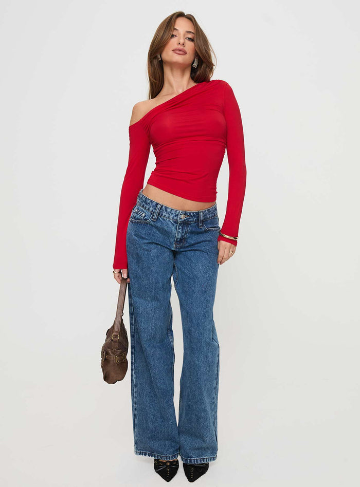 front view of model wearing Princess Polly Beller Long Sleeve Top Red Full Sleeves Asymmetric Neckline
