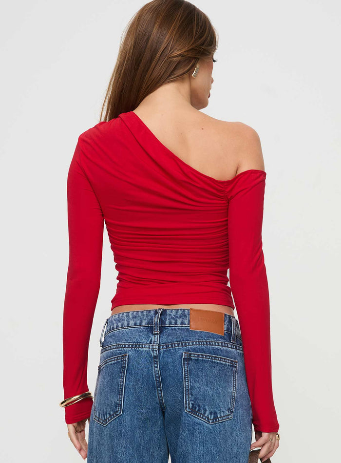 back view of model wearing Princess Polly Beller Long Sleeve Top Red Full Sleeves Asymmetric Neckline